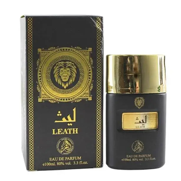 Al-fakhr leath unisex parfum 100ml zwarte en gouden fles met gouden leeuw en bijpassende zwarte doos met gouden griekse sleutelpatroon