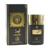 Al-fakhr leath unisex parfum 100ml zwarte en gouden fles met gouden leeuw en bijpassende zwarte doos met gouden griekse sleutelpatroon