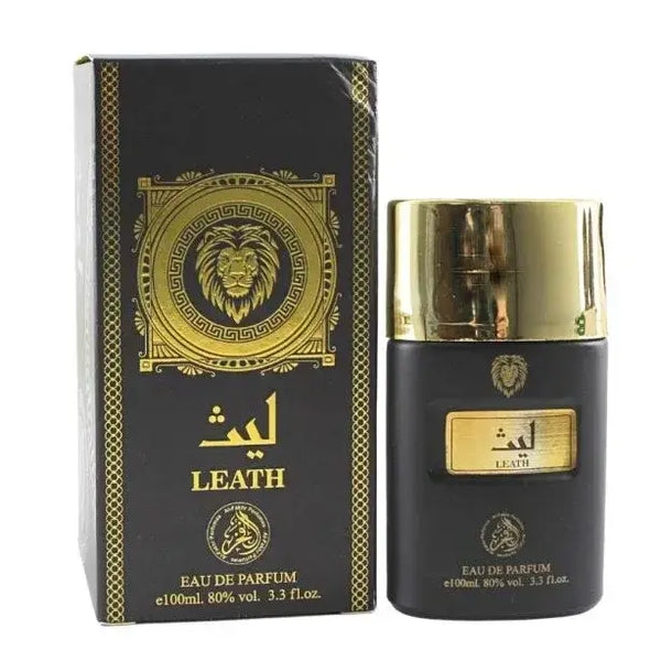 Al-fakhr leath unisex parfum 100ml zwarte en gouden fles met gouden leeuw en bijpassende zwarte doos met gouden griekse sleutelpatroon