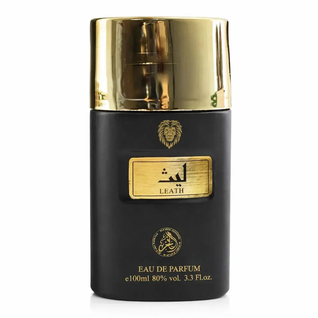 Zwarte rechthoekige fles leath eau de parfum met gouden dop en label met reliëf leeuw voor al-fakhr unisex parfum 100ml