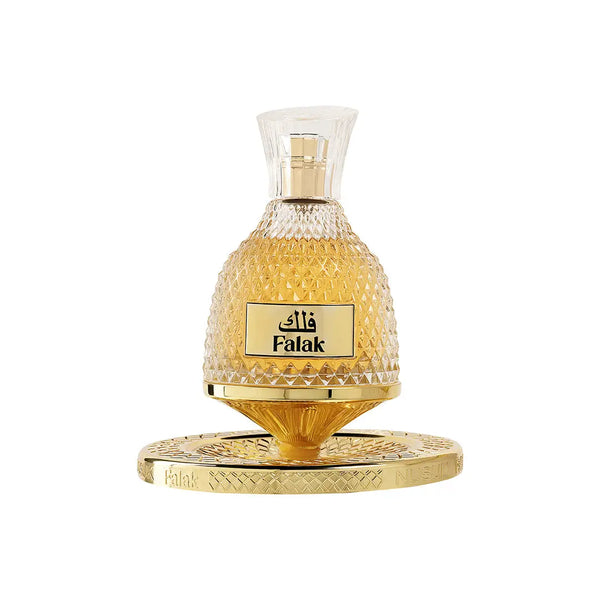 Gouden facetten glazen parfumfles met goudkleurige dop en basis met het etiket falak voor falak 100 ml