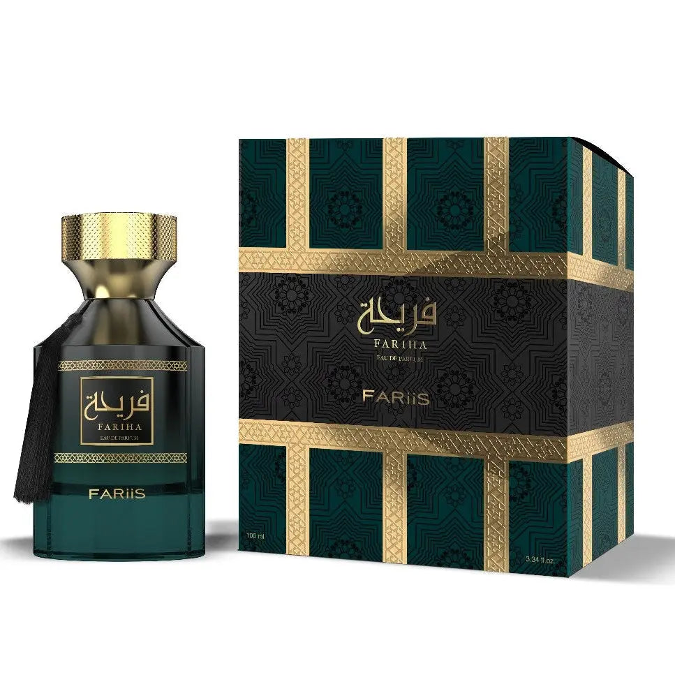 Donkergroen glazen parfumfles met gouden dop en etiket met fariha in arabisch voor fariha edp