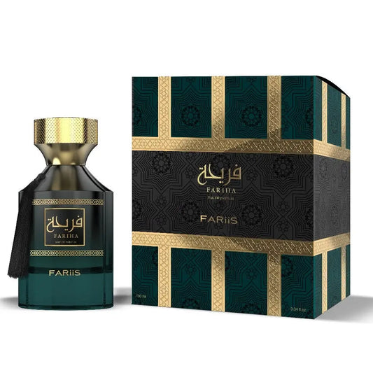 Donkergroen glazen parfumfles met gouden dop en etiket met fariha in arabisch voor fariha edp