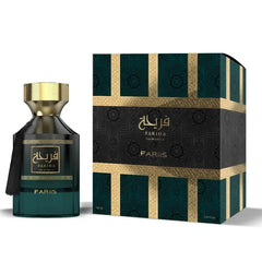 Donkergroen glazen parfumfles met gouden dop en etiket met fariha in arabisch voor fariha edp
