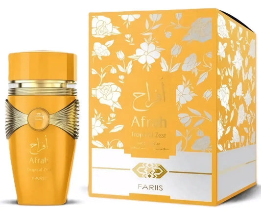 Goudengele parfumfles afrah tropical zest met strak faceted ontwerp en gouden accenten