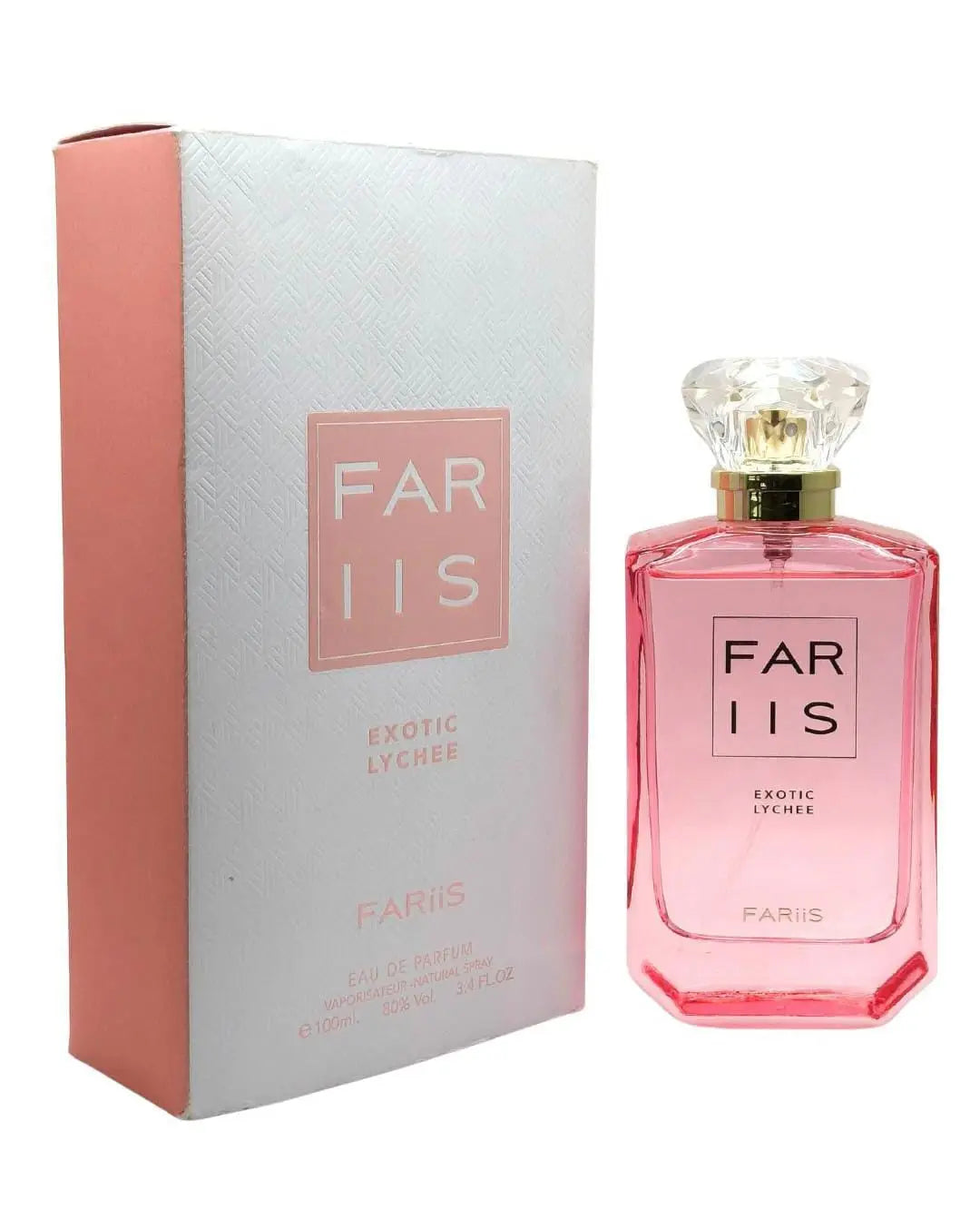 Roze rechthoekige parfumfles met kristalachtige stop en gouden accenten gelabeld far iis exotic lychee edp