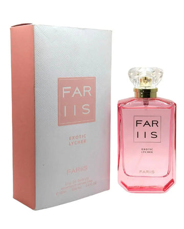 Roze rechthoekige parfumfles met kristalachtige stop en gouden accenten gelabeld far iis exotic lychee edp