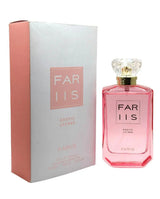 Roze rechthoekige parfumfles met kristalachtige dop en gouden accenten gelabeld far iis exotic lychee edp