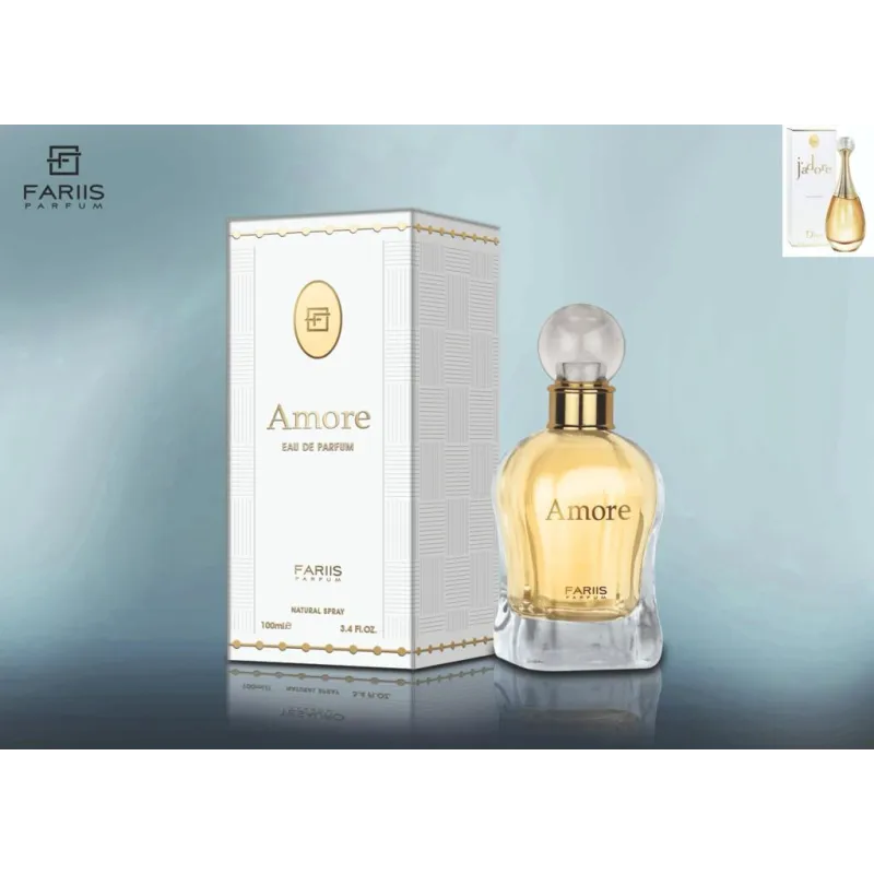 Faris Amore EDP 100 ml parfum met gouden vloeistof en zilveren basis in luxe verpakking