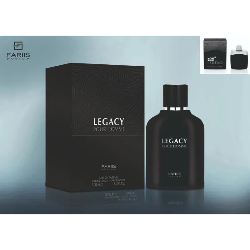 Zwarte geurflacon en doos met label Faris Legacy pour homme EDP 100 ml