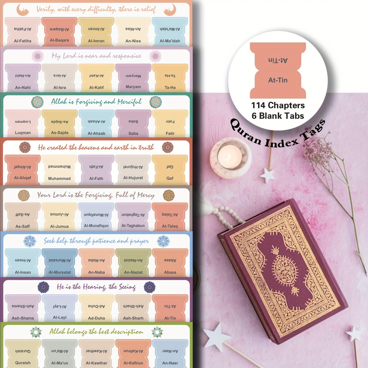 Vellen met Koran index tabs naast een Koran