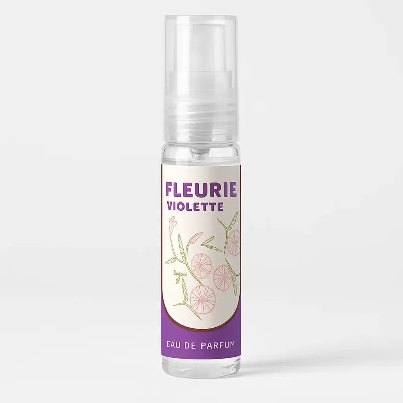 Transparante sprayfles van Fleurie Violette Arabische parfum artikelen met bloemenlabel