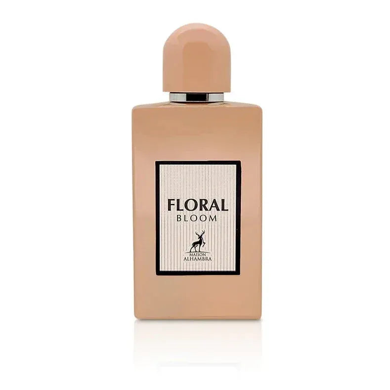 Roze parfumfles met deksel, label Floral Bloom al Hambra EDP