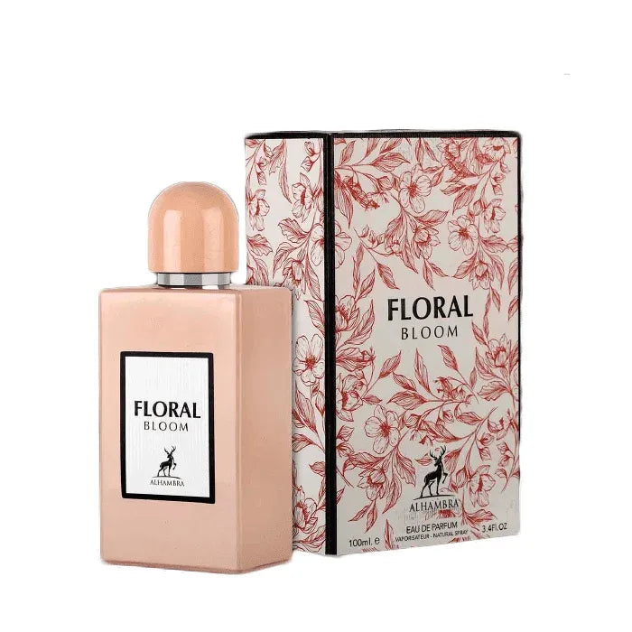 Roze parfumfles met bloemig verpakkingsdesign van Floral Bloom al Hambra EDP