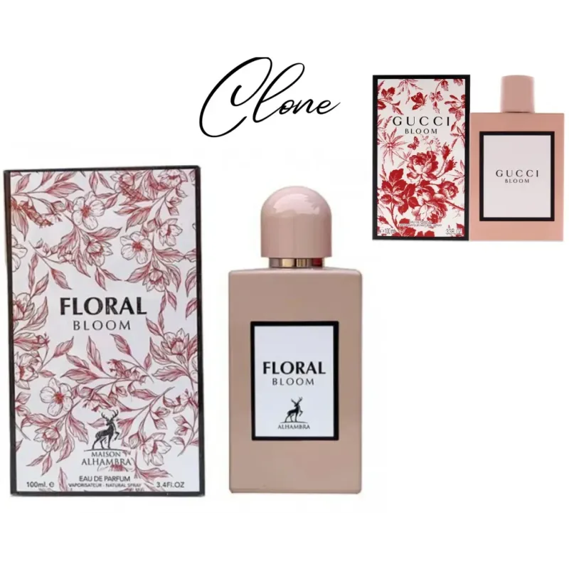 Roze parfumfles met bloemenverpakking en rode botanische ontwerpen van Floral Bloom Hambra EDP