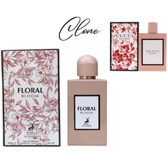 Roze parfumfles met bloemenverpakking en rode botanische ontwerpen van Floral Bloom Hambra EDP