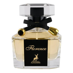 Elegante parfumfles Florence met zwarte strik en gouden hertembleem, Hamra Eau