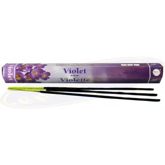 Paarse verpakking met violetscent wierookstokjes en houder van Flute Violet Wierookstokjes