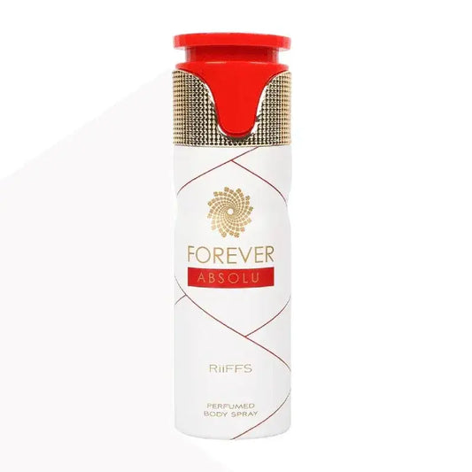 Witte cilindrische fles riiffs forever absolu geparfumeerde bodyspray met rood-goud textuurdop in forever absolu deodorant product