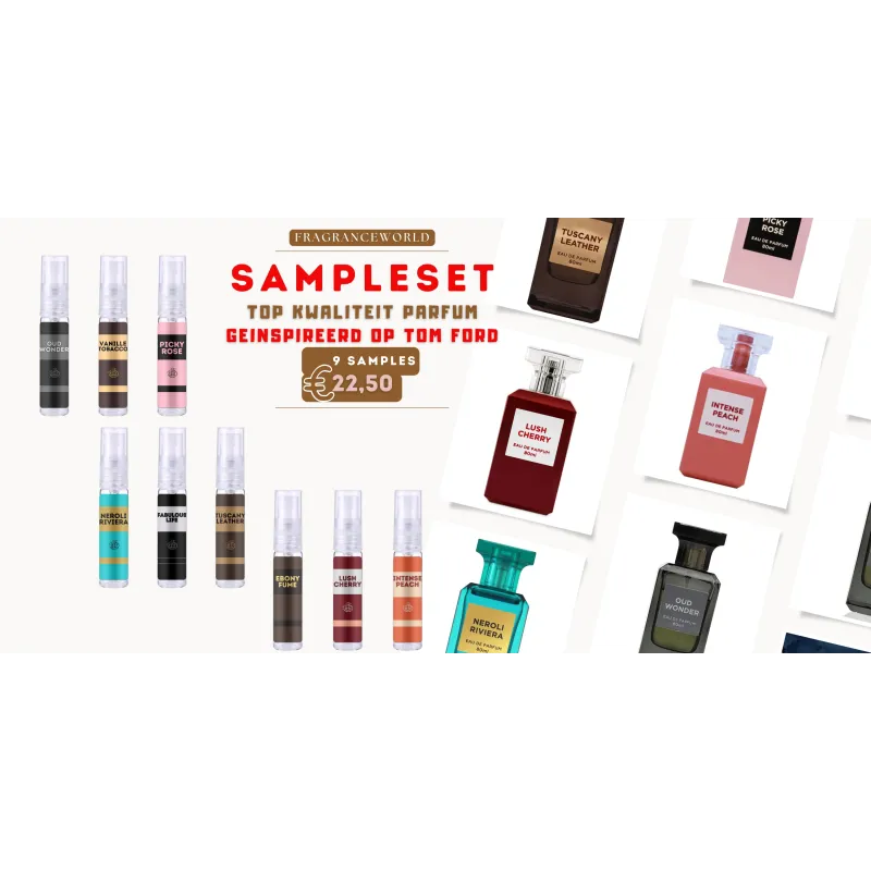 Sample set van kleurrijke parfumvials en flessen in Fragrance World Inspired op Tom Ford