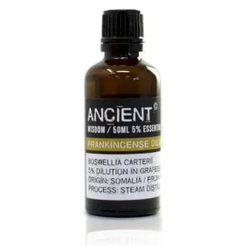 Bruine glazen fles met Ancient brand etherische olie van wierook 50 ml