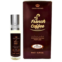 Flesje French Coffee geconcentreerde parfum van Crown Perfumes met verpakking van Al Rehab Parfumolie