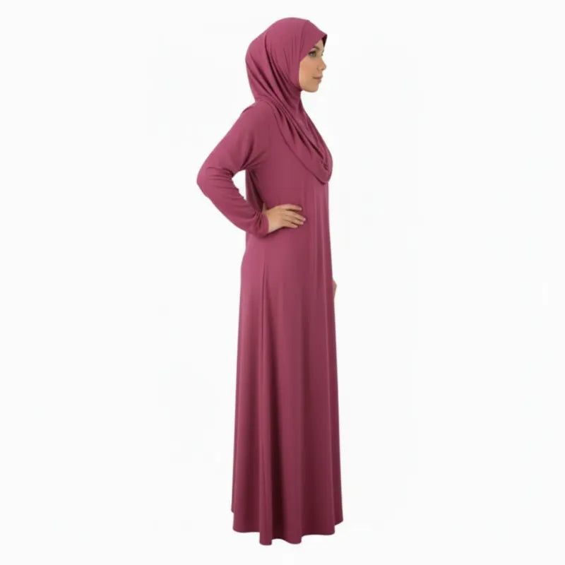 Maroon jersey abaya met hijab en cowl neck in eendelige gebedskleding