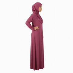 Maroon jersey abaya met hijab en cowl neck in eendelige gebedskleding