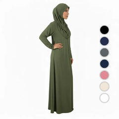 Olieve groene eendelige gebedskleding met lange mouwen en hijab