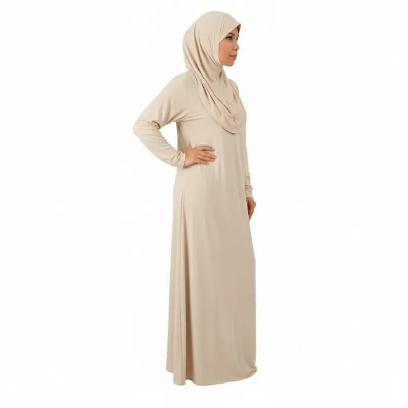 Eendelige gebedskleding: beige lange maxi jurk met zakken en hijab