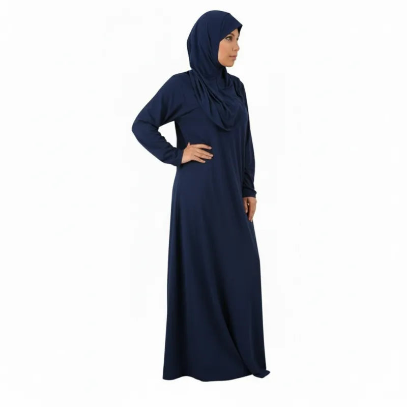 Eendelige gebedskleding: marineblauwe abaya met hijab en zakken