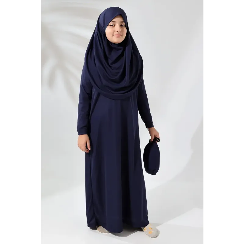 Donkergrijze abaya met bijpassende hijab en hoedje voor kinderen, jersey, met tasje