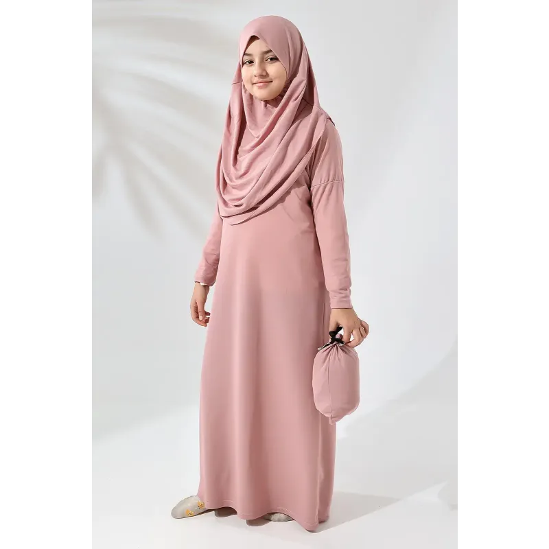 Roze abaya met hijab en tasje voor kinderen, gebedskleding