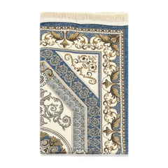 Gebedsmat blauw/grijs met sierpatroon, roomblauwe gebreide deken met franje