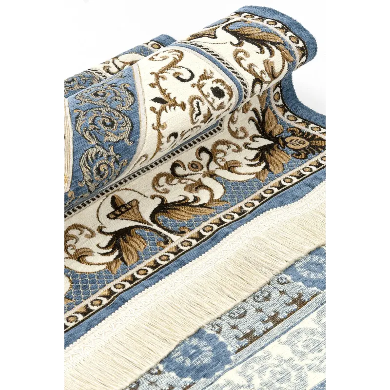 Blauw en grijs gebedskleed met sierpatroon, blauw beige bloemmotief