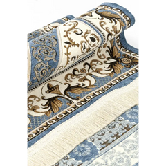 Blauw en grijs gebedskleed met sierpatroon, blauw beige bloemmotief