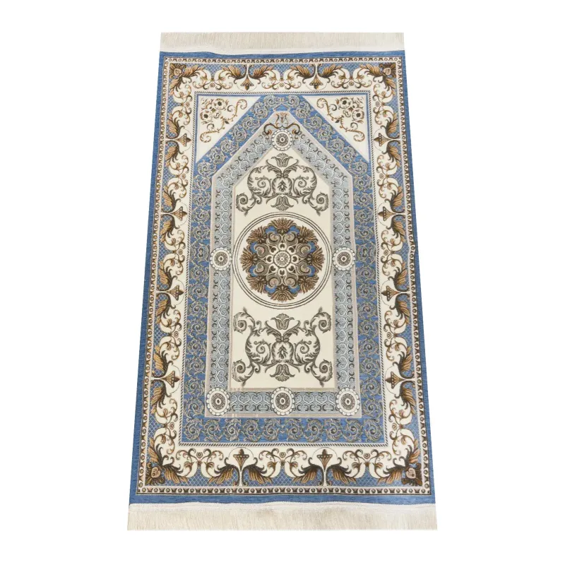 Blauw gebedskleed met grijs en sierpatroon, luxe bloemendesign