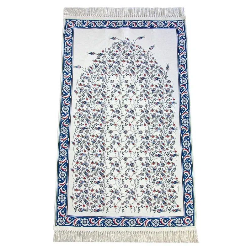 Gebedskleed van chenille met tulpenpatroon -blauw/paars - Islamboekhandel.nl