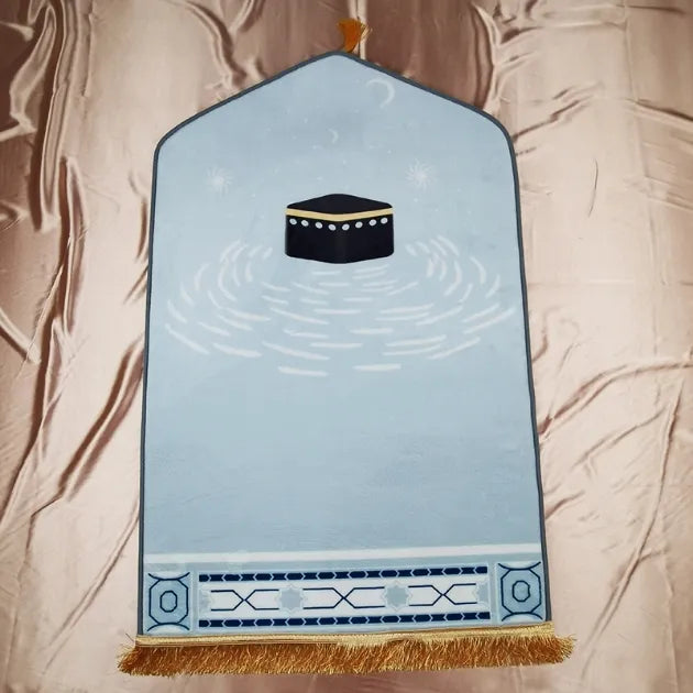 Gebedskleed dik en zacht pastel met Kaaba-symbool en decoratieve rand