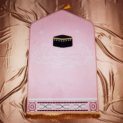 Pink gebedskleed dik en zacht pastel met Kaaba-symbool en decoratieve rand