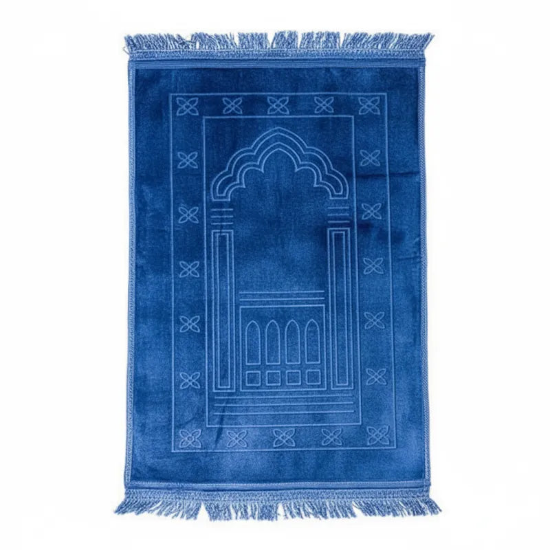 Fijne gebedskleed dik en zacht XL in blauw met boogmotieven en franjes