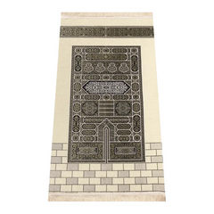 Crèmekleurig gebedskleed met Kaäba-patroon en zwarte geometrische patronen