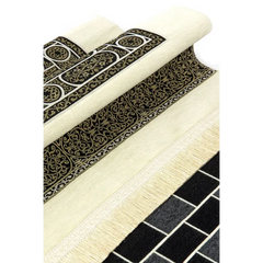 Crèmekleurig gebedskleed met Kaäba-patroon, zwart bloemmotief en franje