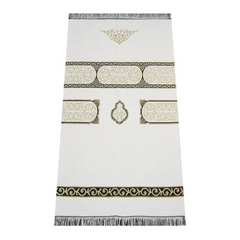 Wit gebedskleed met Kaäba-patroon, gouden en zwarte accenten, intricate patronen en franjes