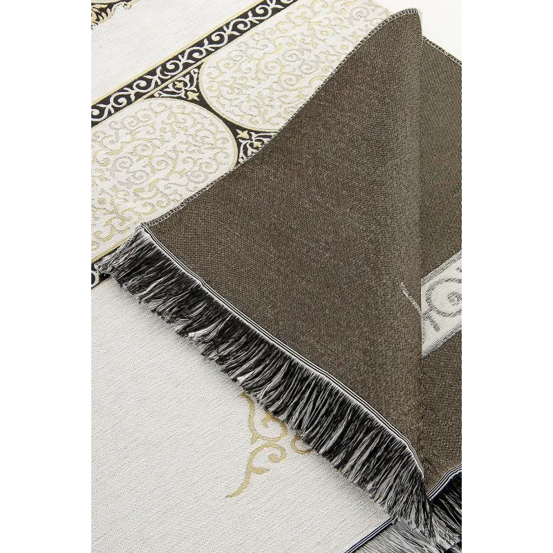 Bruin-wit gebedskleed met Kaäba-patroon en franjes