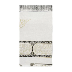 Gebedskleed Kaäba-patroon wit met crèmekleurig geweven tapijt, zwart en goud accenten en ingewikkelde bloemmotieven