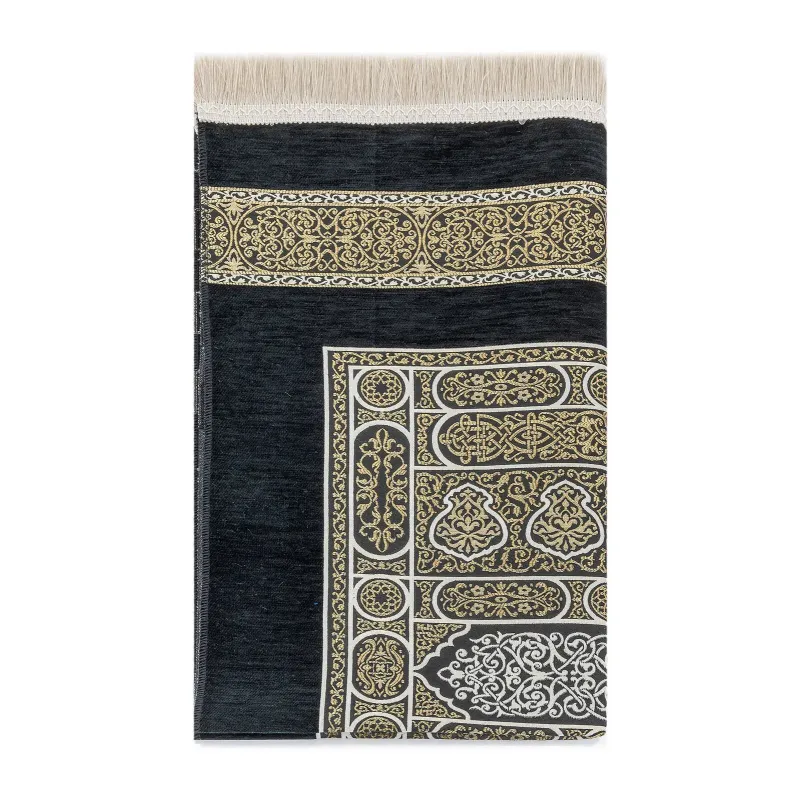 Zwarte en gouden gebedskleed met Kaäba-patroon en intricate patronen