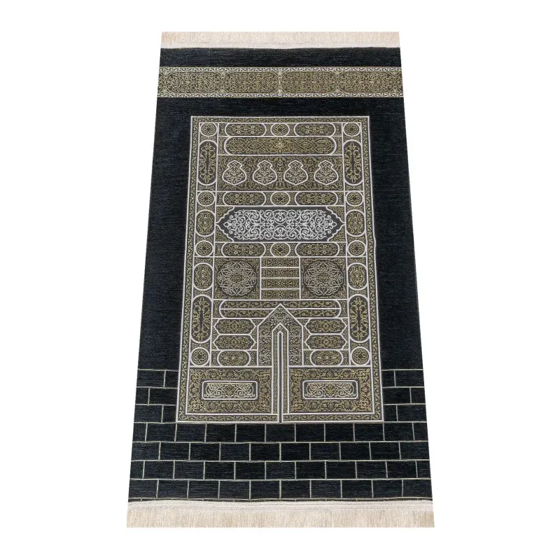 Zwarte gebedskleed met Kaäba-patroon, zilveren motieven en kwastjes