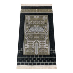 Zwarte gebedskleed met Kaäba-patroon, zilveren motieven en kwastjes