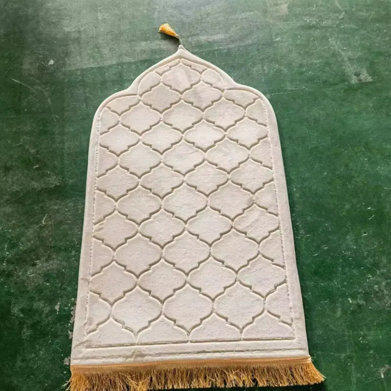 Lichtgekleurd gebedskleed koepel dik met geometrisch patroon en gouden fringe